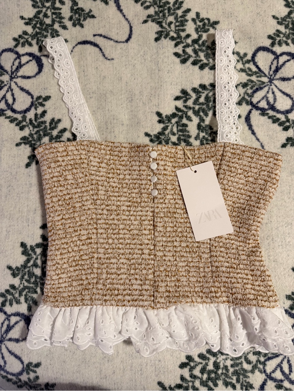 ZARA Beige Knit Eyelet-Trim Size S Cropped Tank Top